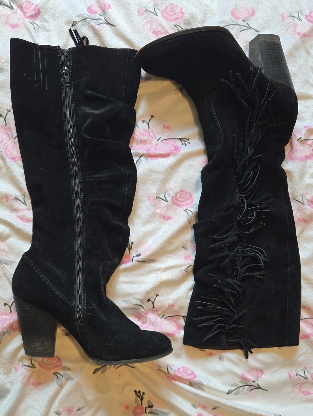 Black Suede Under-the-Knee Fringe Boots (2011-2012)